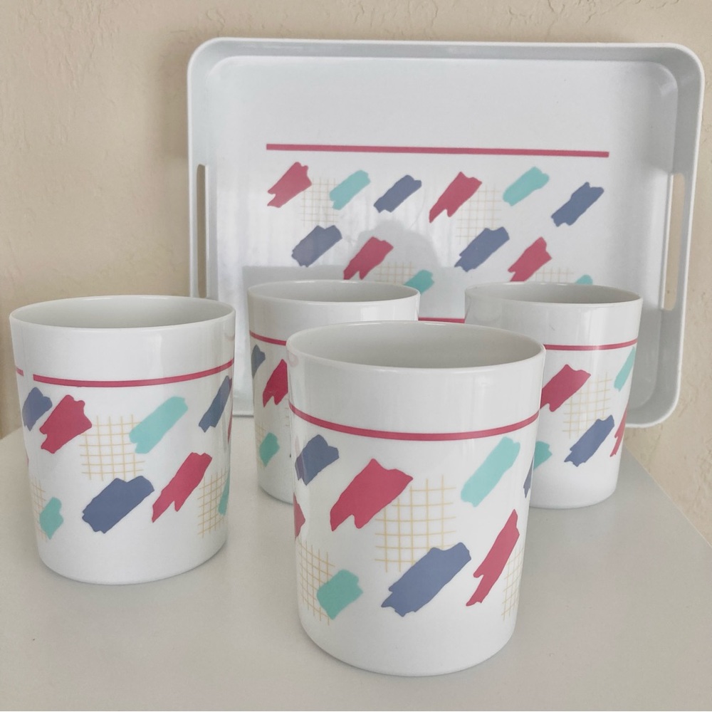 Vintage 1980's Thermal Cup Serving Tray Set Brushstroke and Grid Design